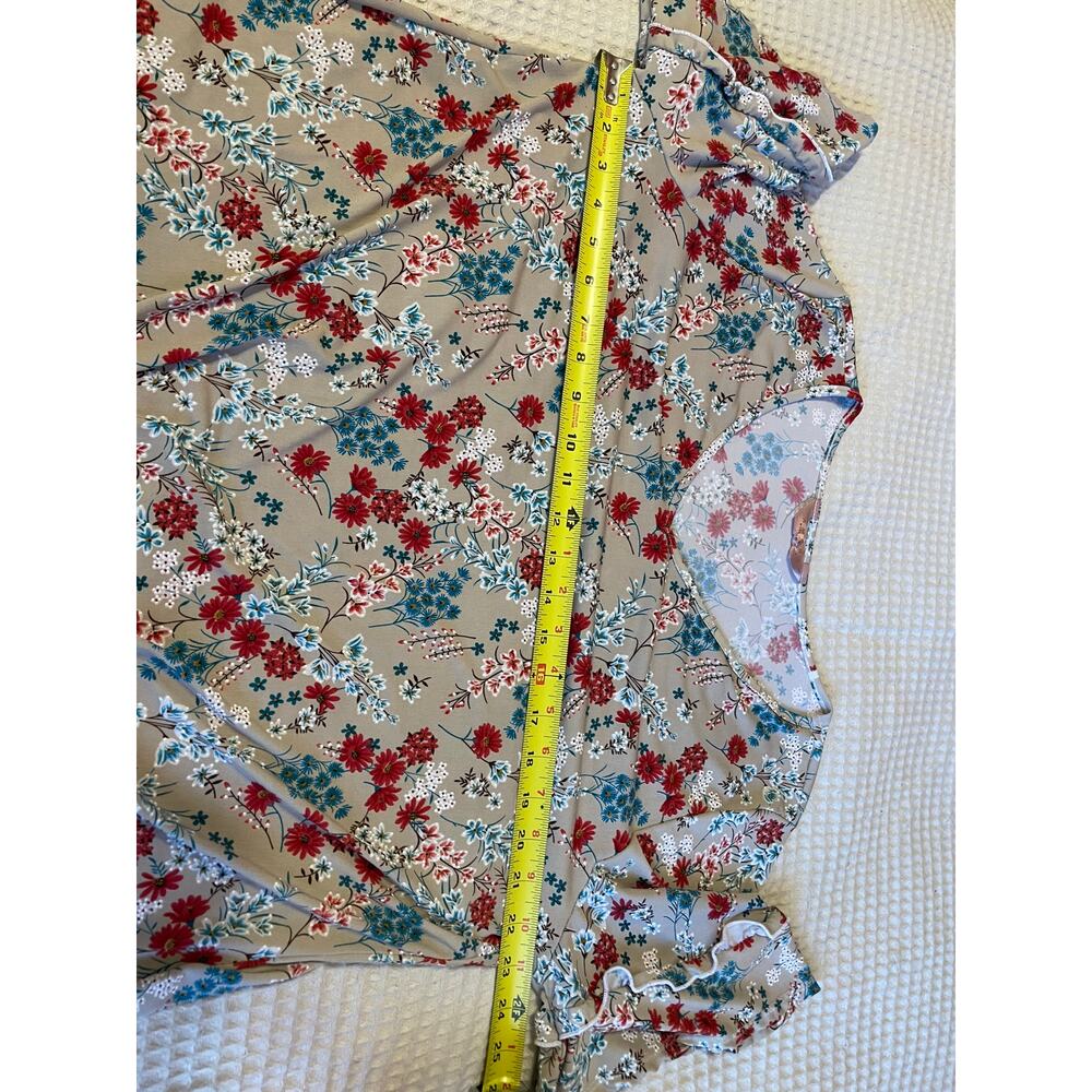 AMANA Cottage Core Gray Red Blue Floral Textured Tie Front V Neck Tee Size 2X - Picture 4 of 12